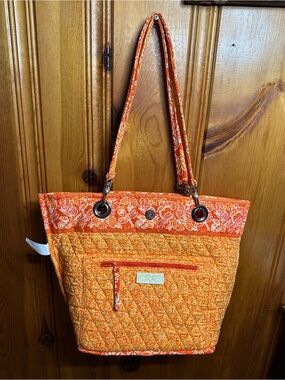 Quilted Orange Floral-Trim Tote Bag - Women's Shoulder Tote